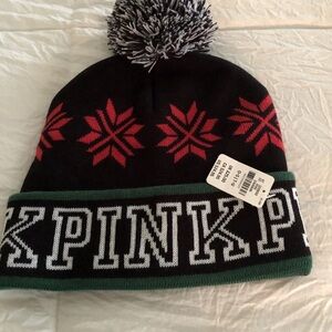 PINK Victoria's Secret Black Beanie with Red and Green Accents
